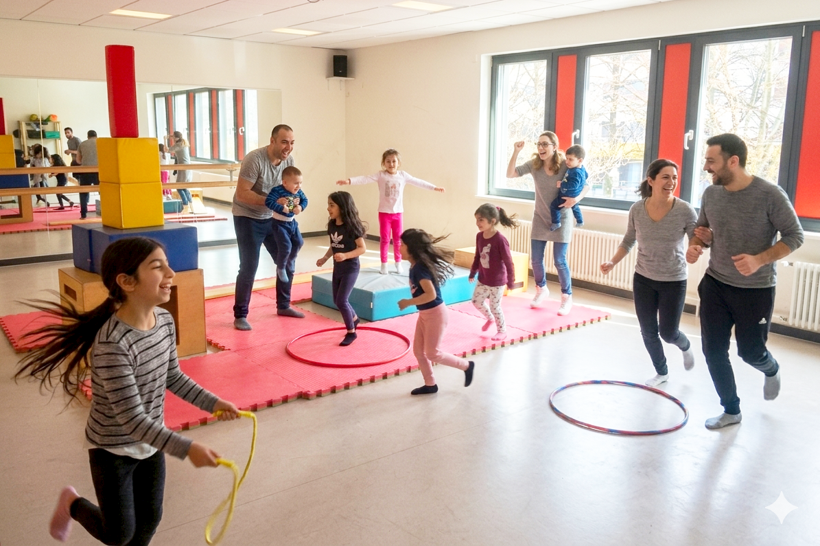 Winterspielplatz Kinder und Eltern toben im Raum