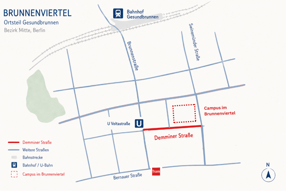 Karte mit Anfahrt zum Campus im Brunnenviertel